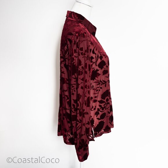 Ultra Pink Burnout Velvet Blouse L Burgundy Floral Sheer Romantic Goth Vampy - Picture 2 of 13
